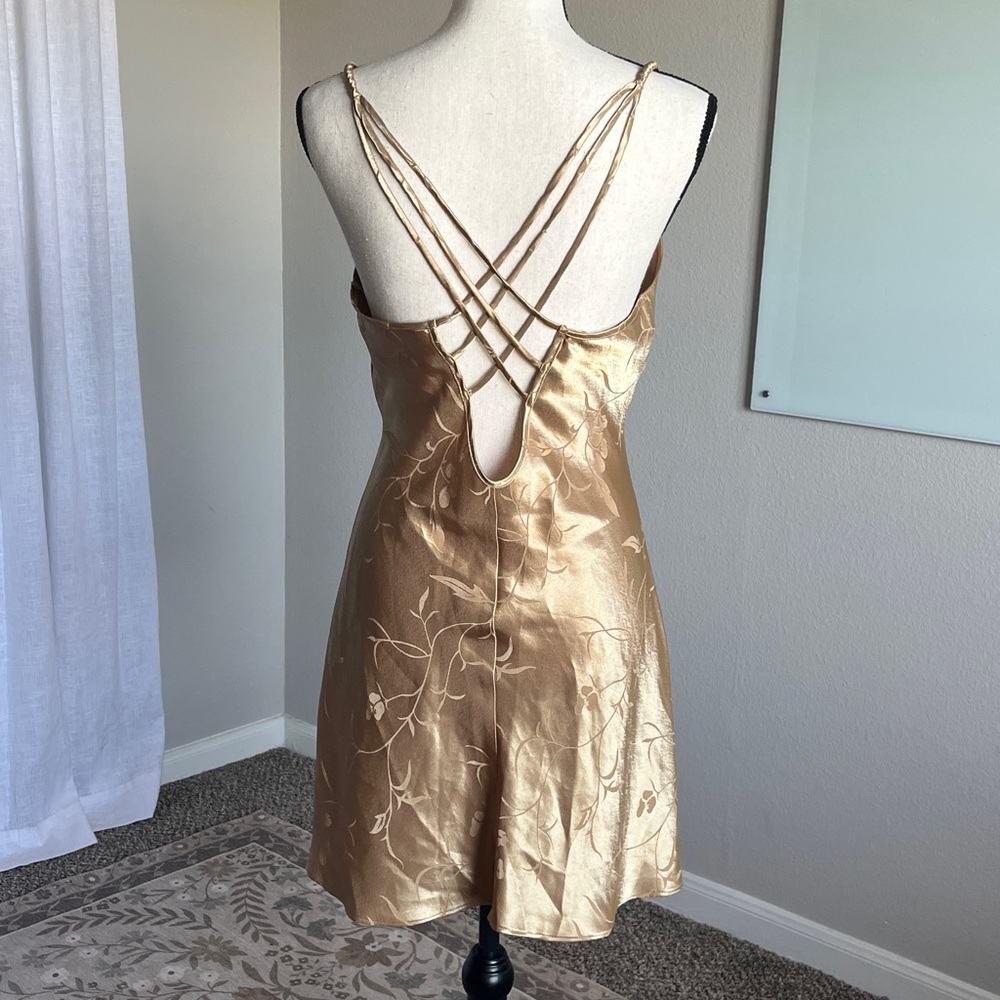 Inner Most Gold Satin Floral Jacquard Slip Dress Braided Strappy Cross Back M - Picture 5 of 8